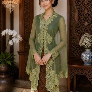 kebaya hijau tua matcha brokat applique bunga scallop lengan panjang pesta elegan