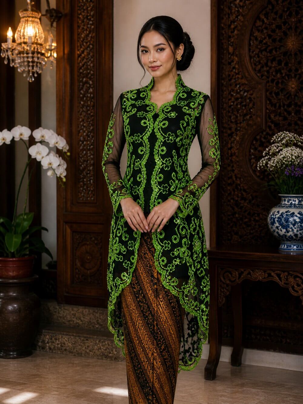 kebaya hitam kombinasi hijau bordir scrollwork sequin lengan panjang pesta bold