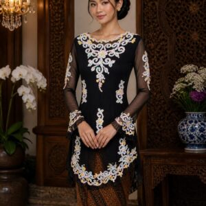 kebaya hitam kombinasi putih bordir scrollwork multicolor lengan panjang pesta elegan