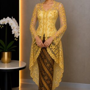 kebaya kuning full payet brokat bunga lengan panjang asimetris pesta modern