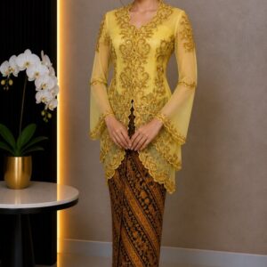 kebaya kuning kunyit bordir scrollwork gold lengan panjang pesta mewah