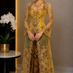 kebaya kuning kunyit broklat bunga warna warni kalung gold pesta
