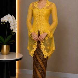 kebaya kuning tua applique bunga 3d tile lengan panjang pesta elegan