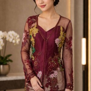 kebaya maroon broklat bunga warna warni lengan panjang pesta
