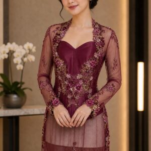 kebaya maroon broklat payet dada korset pesta