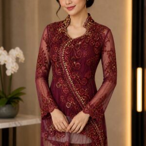 kebaya maroon broklat payet sabuk selempang pesta