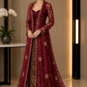 kebaya maroon ekor panjang broklat bunga payet pesta