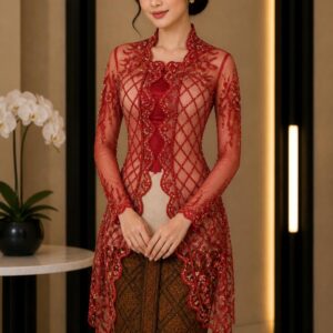 kebaya merah full payet jaring ekor samping pesta