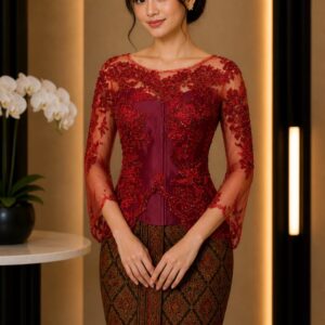 kebaya merah full payet jaring pendek pesta