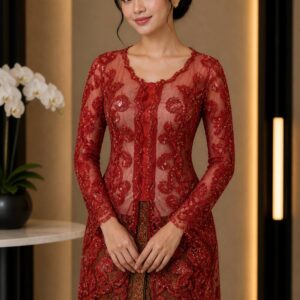 kebaya merah full payet motif bunga lengan panjang pesta