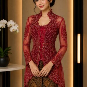 kebaya merah full payet motif bunga pendek pesta
