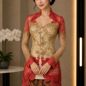 kebaya merah kombinasi gold broklat payet lengan panjang pesta