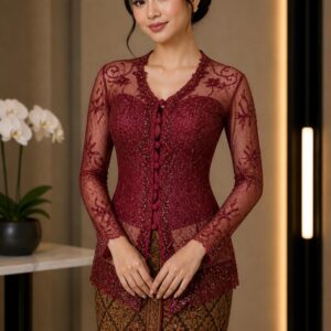 kebaya merah simple broklat kancing depan pesta