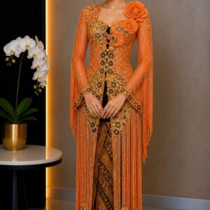 kebaya oren panjang brokat payet fringe rumbai lengan panjang pesta glamor