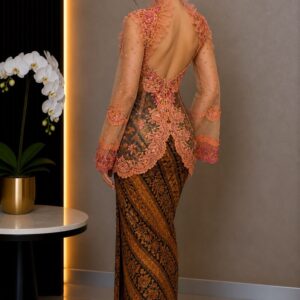 kebaya oren pendek payet bunga 3d backless lengan transparan pesta mewah