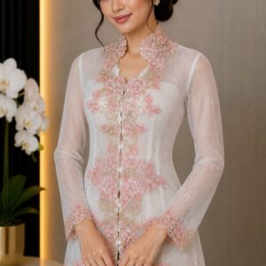 kebaya peace putih broklat bunga pink kancing depan pesta