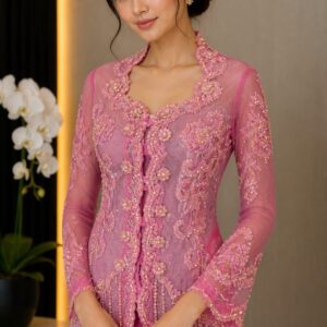 kebaya pink broklat bunga gold payet lengan panjang pesta