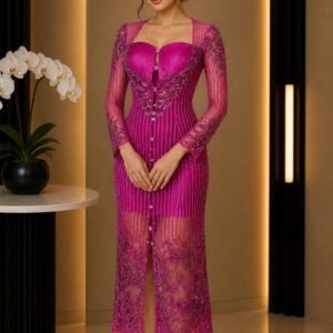 kebaya pink fanta full payet korset lengan panjang pesta