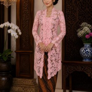 kebaya pink kutu baru brokat bunga tekstur lengan panjang pesta feminin