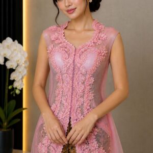 kebaya pink soft bunga 3d full tanpa lengan pesta