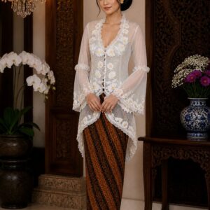 kebaya putih motif bunga 3d applique daisy lengan panjang pesta elegan feminin