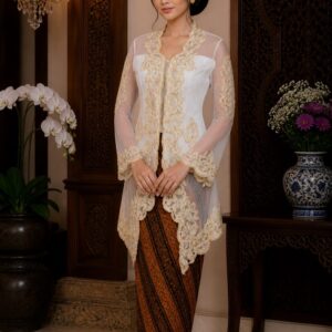 kebaya putih payet kuning gold applique bunga lengan panjang pesta mewah