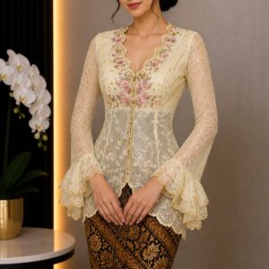 kebaya soft kuning kerah v broklat bunga lengan ruffle pesta
