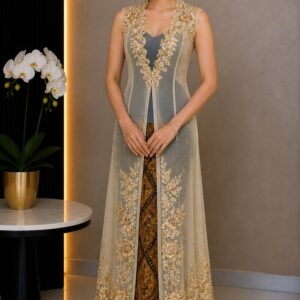 kebaya soft kuning panjang broklat bunga gold tanpa lengan pesta